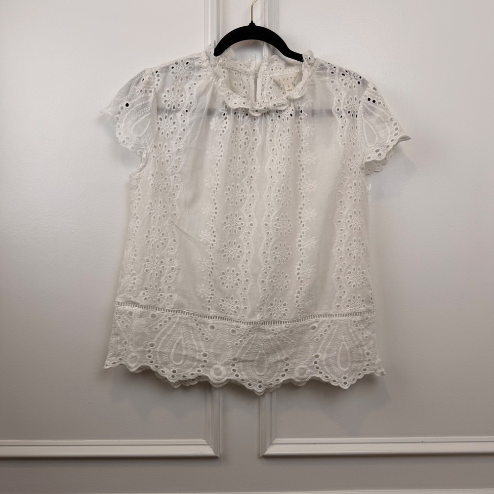 Adiva White Eyelet Lace Blouse Short Sleeve Ruffle Neck Cotton Top Womens Medium